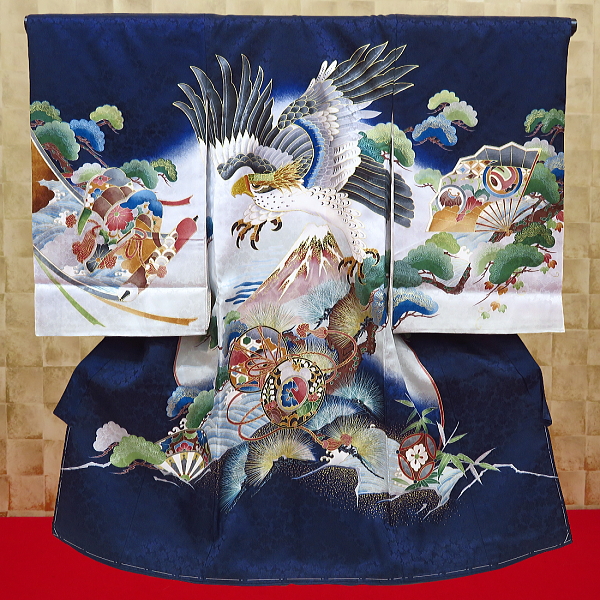 初着・祝着・のしめ・赤ちゃんの着物　鷹と富士山・鼓・扇・巻物・紺