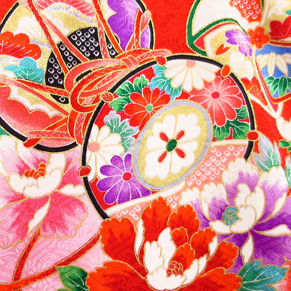 お祝着・のしめ・産着・鼓に牡丹・雪輪・桜・赤ピンクぼかし