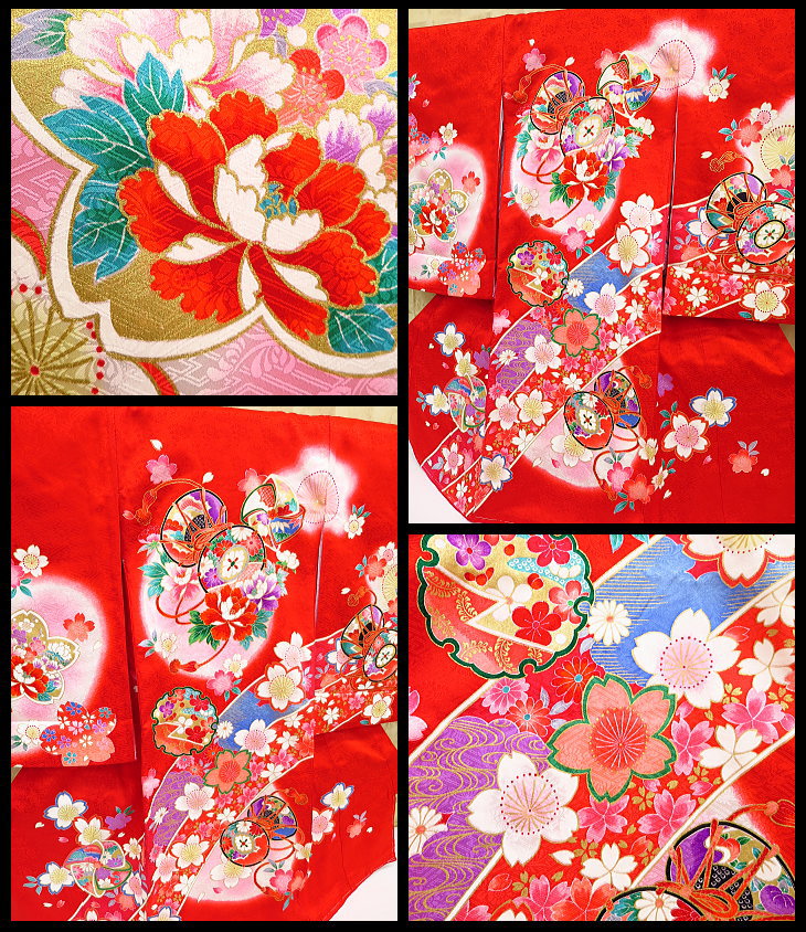 初着・祝着・のしめ・鼓に牡丹・雪輪・桜・赤ピンクぼかし