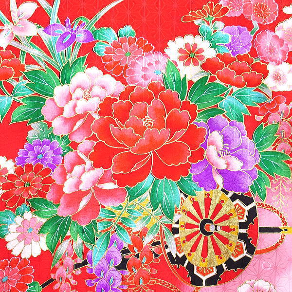 お祝着・初着・のしめ 花車と扇・鈴に蝶・赤