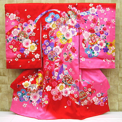 お祝い着・初着・のしめ お宮参り着物 熨斗・毬・桜・赤ピンクぼかし