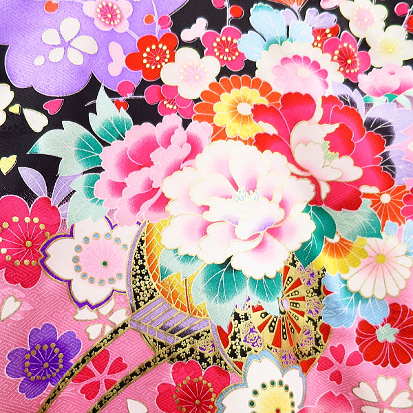 初着・祝着・のしめ・花車と毬・舞い桜・黒ピンクぼかし