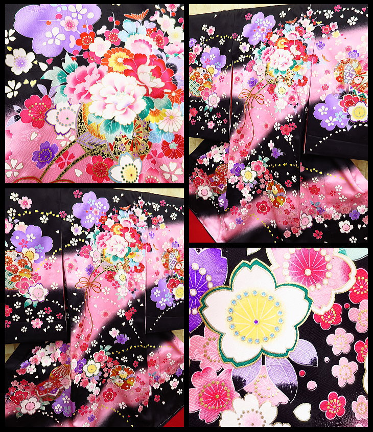 初着・祝着・のしめ・花車と毬・舞い桜・黒ピンクぼかし