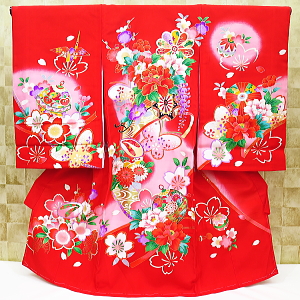 お祝い着・初着・のしめ　お宮参り着物　花車と蝶・桜・赤ピンクぼかし