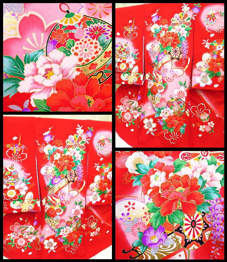 初着・祝着・のしめ　花車と蝶・桜・赤ピンクぼかし