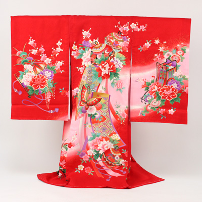 お祝い着・初着・のしめ お宮参り着物 鈴・毬・芍薬・赤ピンクぼかし