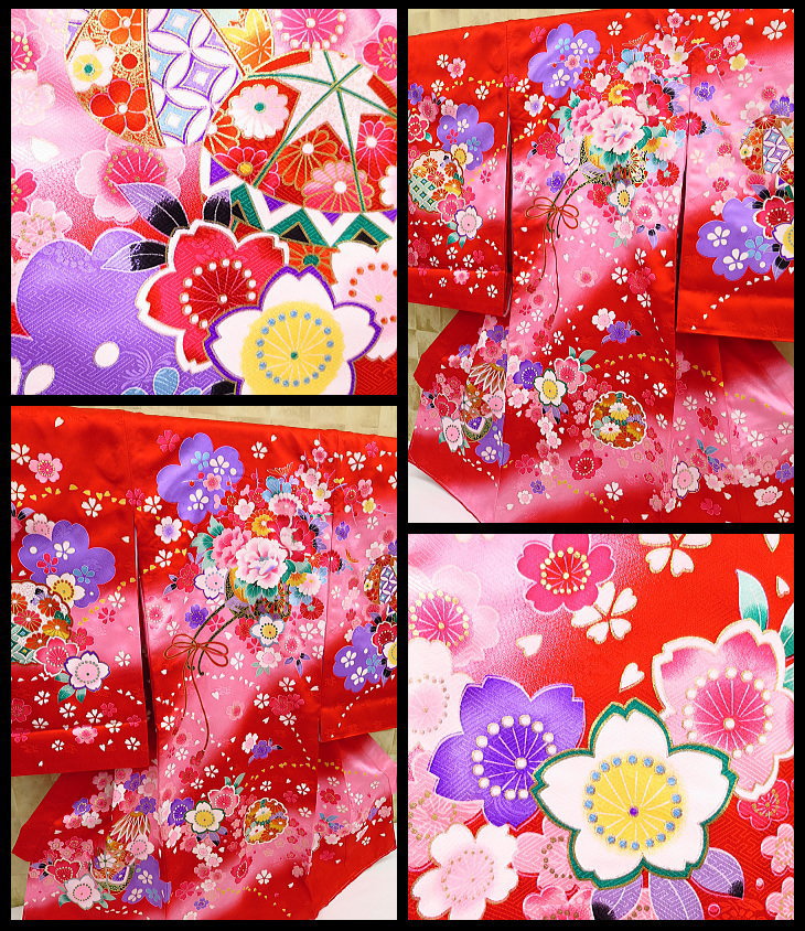 初着・祝着・のしめ 花車と毬・舞い桜・赤ピンクぼかし