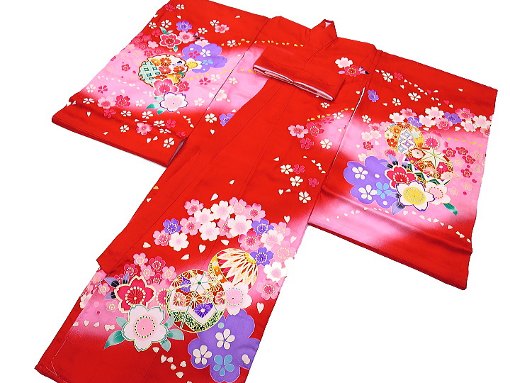 初着・祝着・のしめ 花車と毬・舞い桜・赤ピンクぼかし