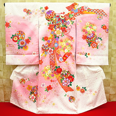 まりと熨斗に桜・白ピンクぼかし　初着　お祝着　のしめ　産着　お宮参りの着物