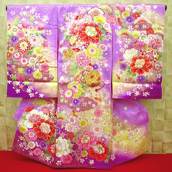 金彩まりと牡丹・華尽くし・うす紫 初着 お祝着 のしめ 産着 お宮参りの着物