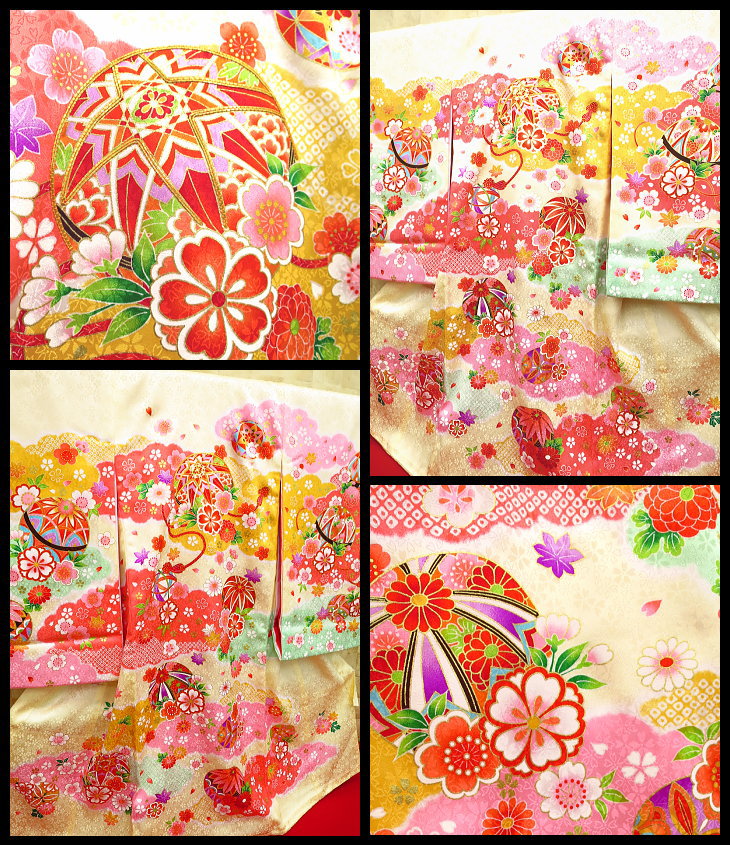 初着・祝着・のしめ 雲どりに毬と小花・金駒刺繍・クリーム色