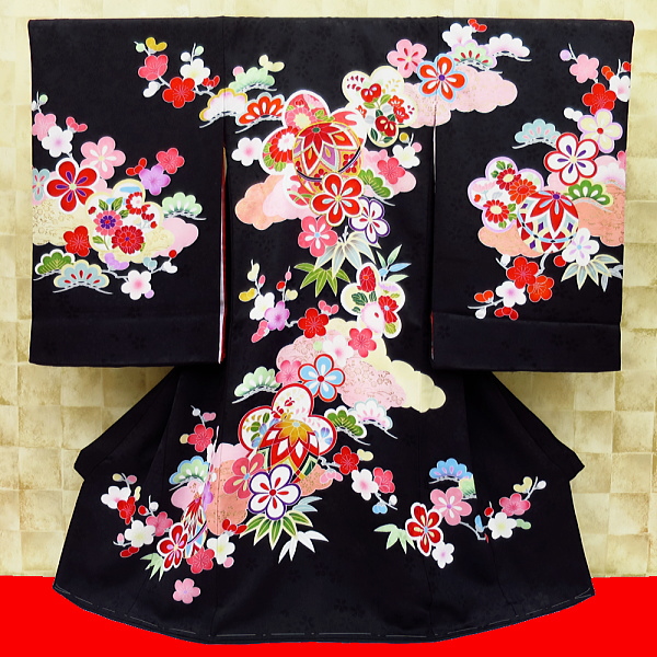 お祝い着・初着・祝着・のしめ 黒地・鼓・扇・花の柄 初着・祝着・のしめ 黒地・鼓・扇・花の柄