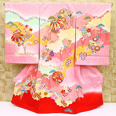 お祝い着・初着・のしめ お宮参り着物 雲どりに毬・桜の花地紋様・ピンク