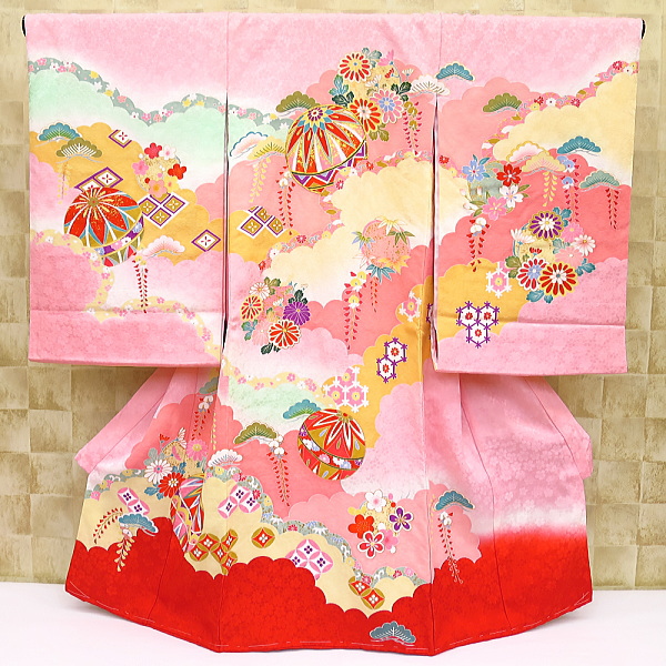 雲どりに毬・桜の花地紋様・ピンク 初着 お祝着 のしめ 産着 お宮参りの着物