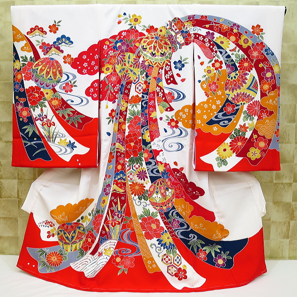 琉球紅型調・毬と束ね熨斗・白 初着 お祝着 のしめ 産着 お宮参りの着物