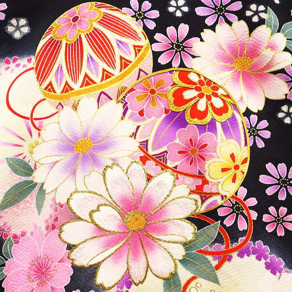 初着・祝着・のしめ まりと桜・花尽くし・黒