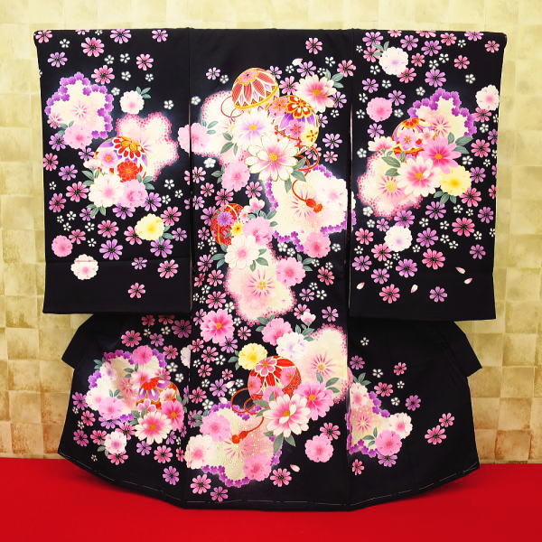初着・祝着・のしめ まりと桜・花尽くし・黒