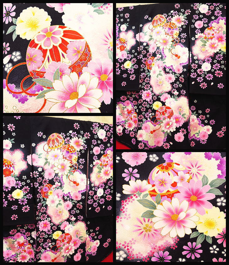 初着・祝着・のしめ まりと桜・花尽くし・黒