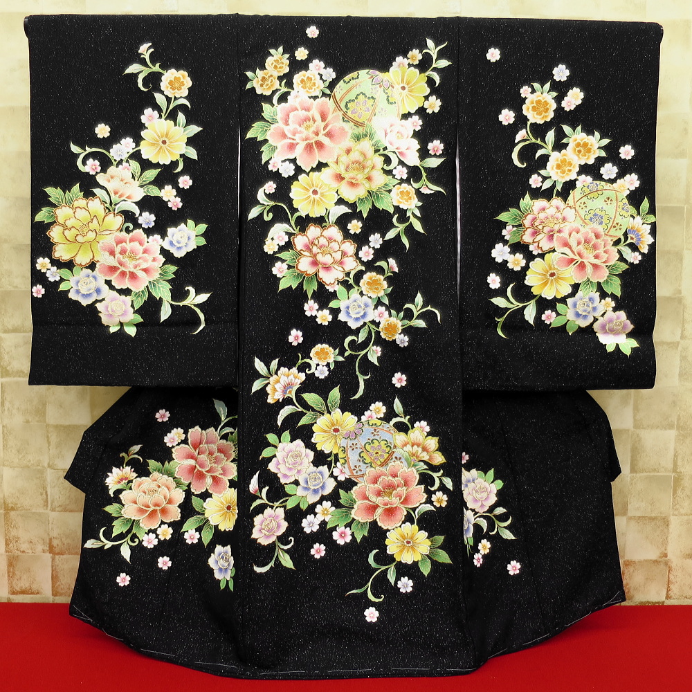 初着 祝着 のしめ お宮参りの着物 女の子のお祝い着 金彩バラに牡丹とまり 黒
