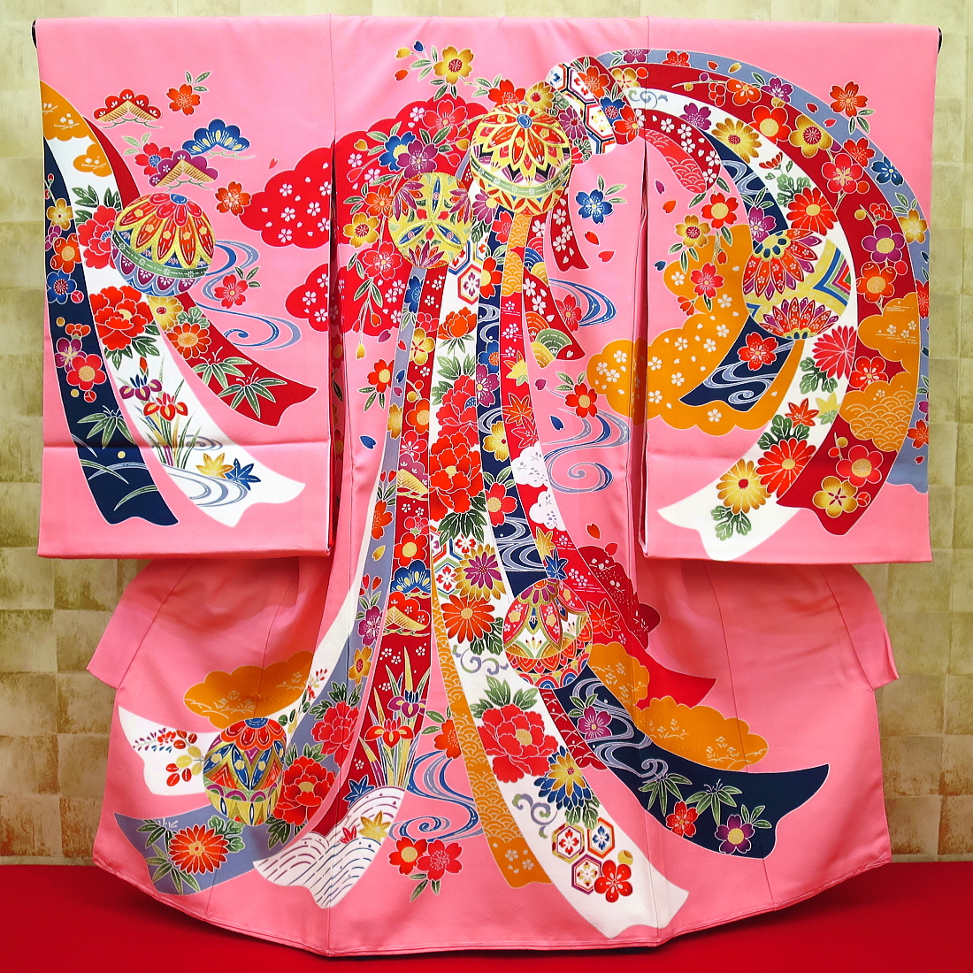 初着 祝着 のしめ お宮参りの着物 女の子のお祝い着 琉球紅型調 毬と束ね熨斗 ピンク
