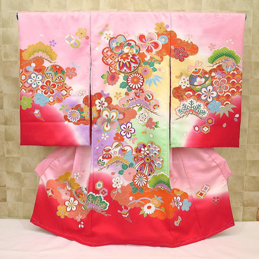 初着・祝着・のしめ まりと桜・吉祥柄・ピンク赤ぼかし