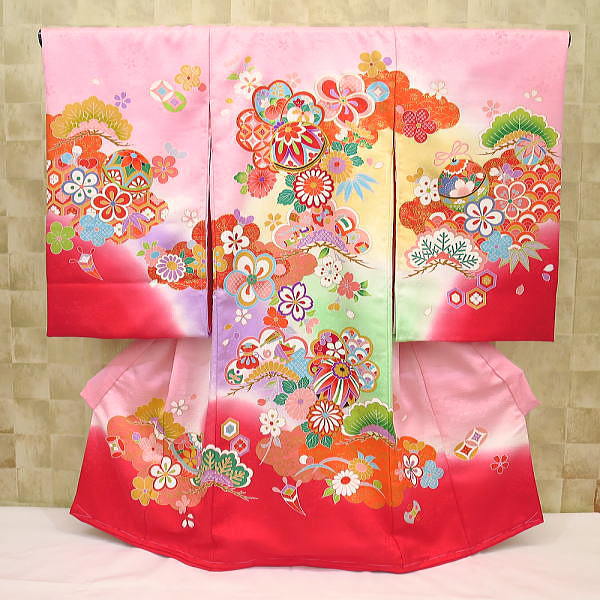 初着・祝着・のしめ まりと桜・吉祥柄・ピンク赤ぼかし