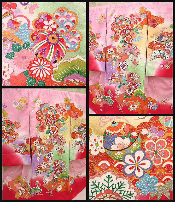 初着・祝着・のしめ まりと桜・吉祥柄・ピンク赤ぼかし