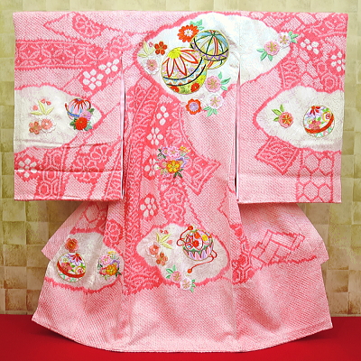 お祝い着・初着・のしめ お宮参り着物 総絞り束ね熨斗にまりと桜・ピンク