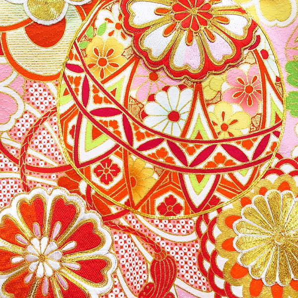初着・祝着・のしめ 毬に花紋・金駒刺繍・ピンク赤ぼかし