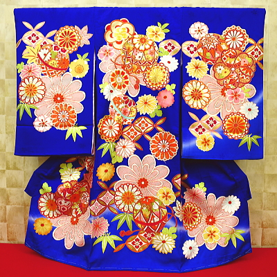 初着・祝着・のしめ　毬に花紋・金駒刺繍・ブルー