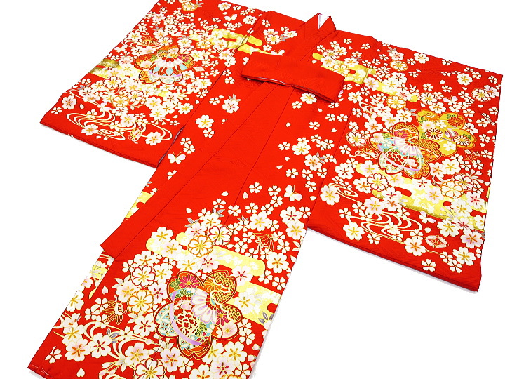 金彩京友禅・雲どりに桜と毬・赤 お宮参り お祝着 のしめ 初着