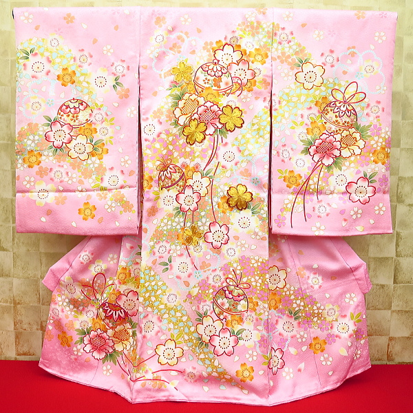桜と鈴・金駒刺繍・ピンク 初着 お祝着 のしめ 産着 お宮参りの着物