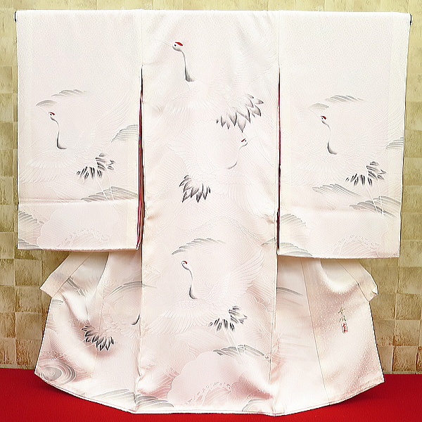 初着 お祝着 のしめ 産着 お宮参りの着物 飛鶴と松・地紋起こし・白