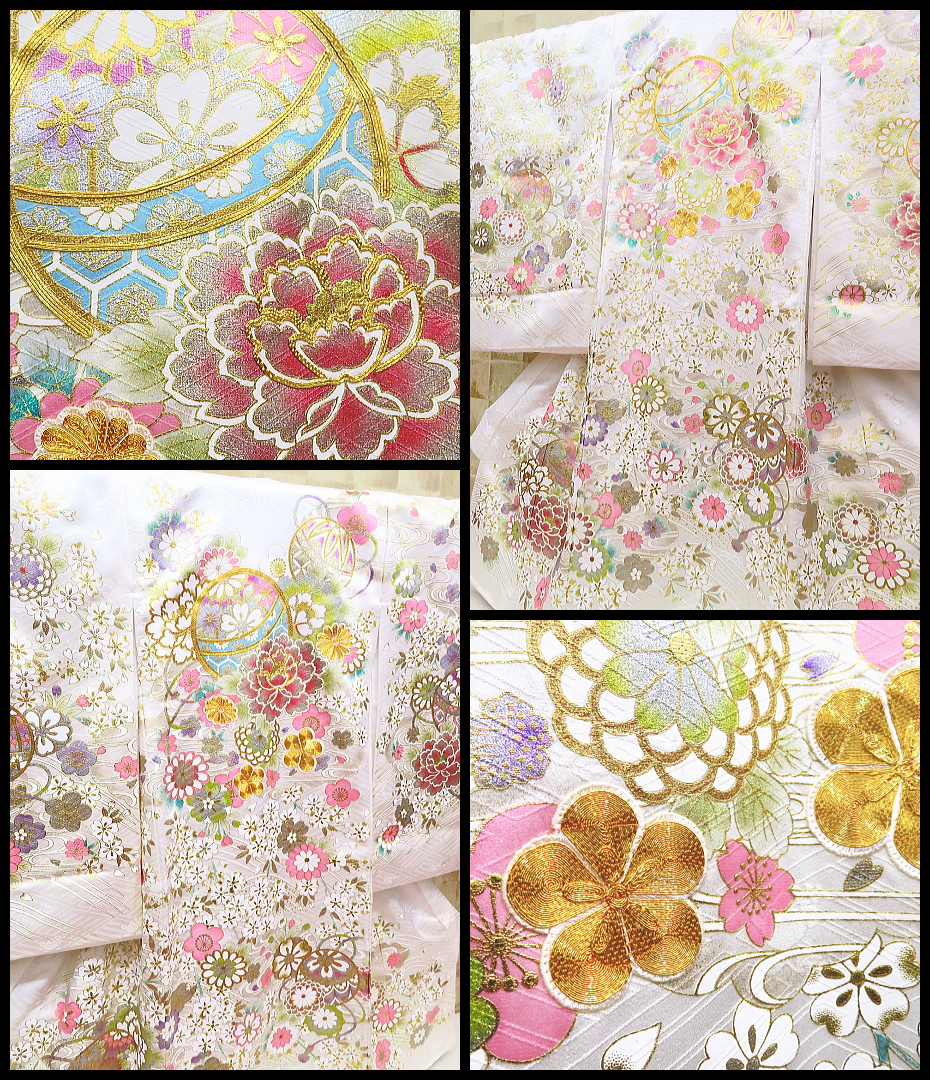 金彩毬と牡丹・金駒刺繍・白 初着 お祝着 のしめ 産着 お宮参りの着物