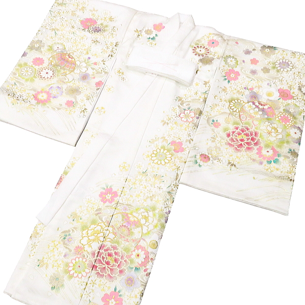 金彩毬と牡丹・金駒刺繍・白 初着 お祝着 のしめ 産着 お宮参りの着物