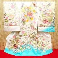 お祝い着・初着・のしめ お宮参り着物 金彩まりと牡丹・金駒刺繍・白・水色ぼかし