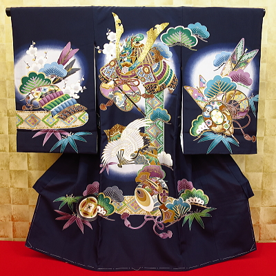 初着・祝着・のしめ お宮参り着物 兜・鶴・縁起物・紺