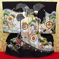お祝い着・初着・のしめ 飛翔鷹・松・縁起物・黒