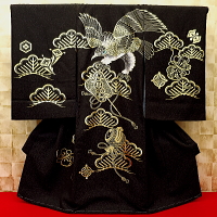 お祝い着・初着・のしめ 金彩飛翔鷹・吉祥松・縁起物・黒