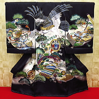 お祝い着・初着・のしめ 飛翔鷹・松・宝尽くし・黒