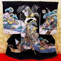 お祝い着・初着・のしめ 飛翔鷹と兜・縁起物・黒