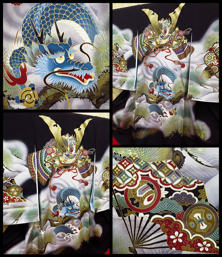 初着・祝着・のしめ 兜と青龍・松・黒