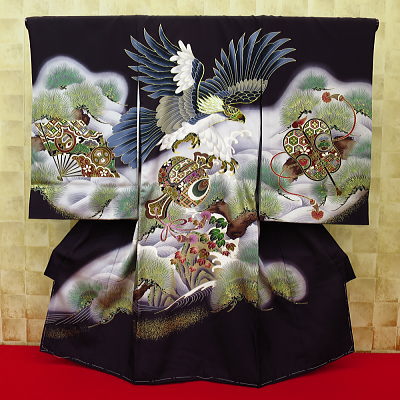 お祝い着・初着・のしめ 飛翔鷹・吉祥松・小槌・黒