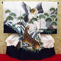 お祝い着・初着・のしめ お宮参り着物 虎と鷹・吉祥松・黒