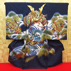 お祝い着・初着・のしめ 兜と青龍・松・紺