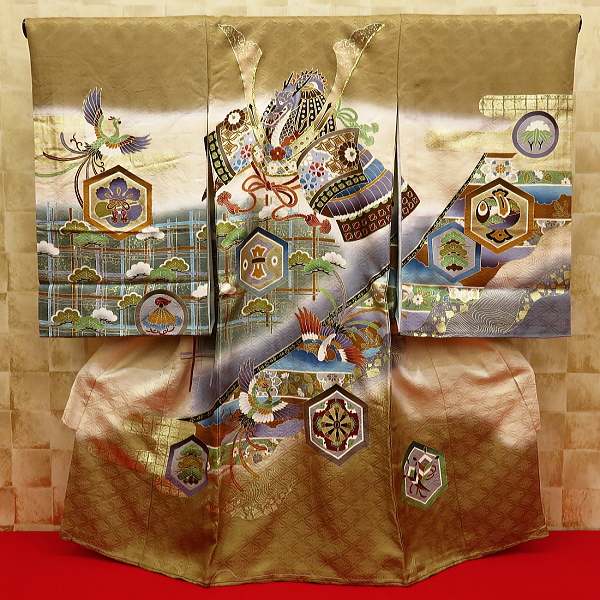 初着・祝着・のしめ 兜・鳳凰・宝尽くし・ベージュゴールド