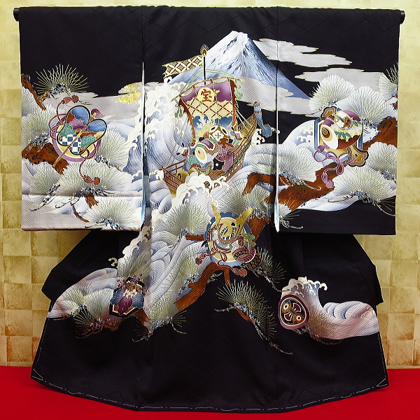 初着・祝着・のしめ・お宮参り着物 富士山に宝船・吉祥松・黒