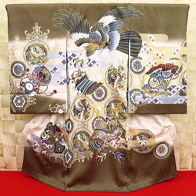 お祝い着・初着・のしめ お宮参り着物 男児 初着 祝着 のしめ 産着 男の子のお宮参り着物 雲どりに鷹と兜・宝尽くし・茶
