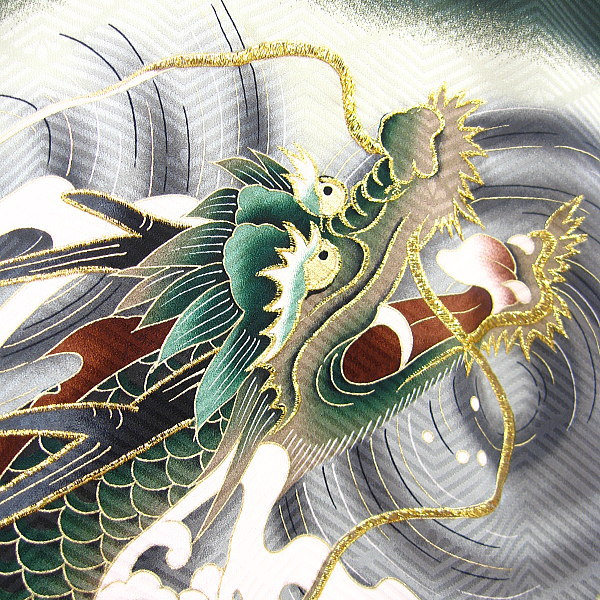 初着・祝着・のしめ・お宮参り着物 鷹・松・宝尽くし・綸子地紋様 男児 初着 祝着 のしめ 産着 男の子のお宮参り着物 雲龍と富士・渋緑ぼかし