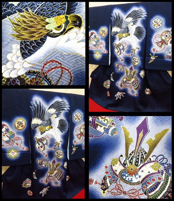 初着・祝着・のしめ・お宮参り着物 鷹・松・宝尽くし・綸子地紋様 男児 初着 祝着 のしめ 産着 男の子のお宮参り着物 鷹・兜・変わり織紋様・紺